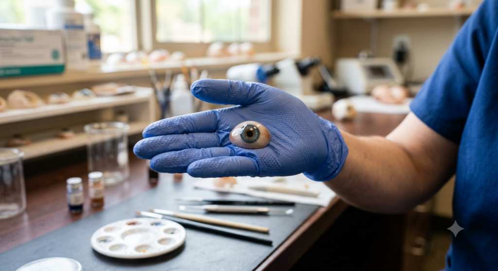 Gloved hand holding a highly detailed, custom acrylic prosthetic eye in an ocularistry laboratory set up with painting tools.