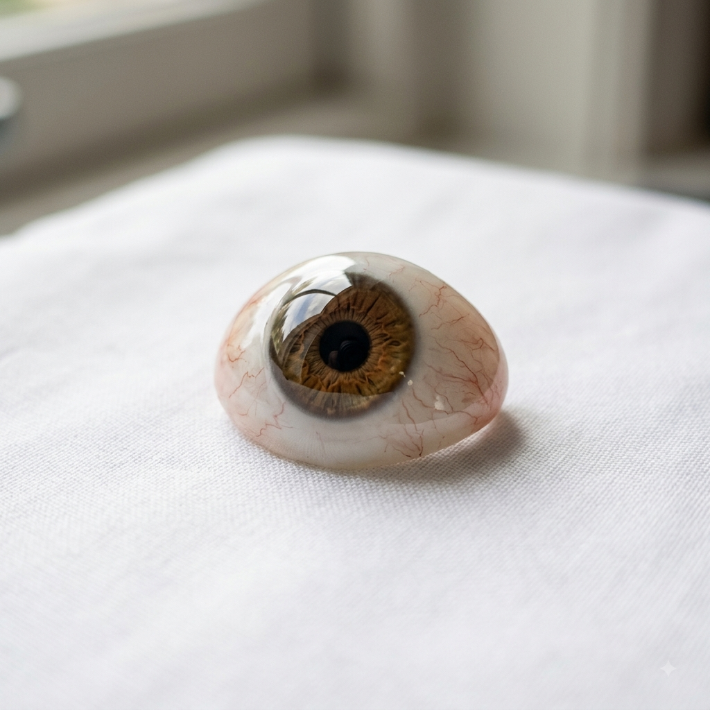 A handcrafted glass eye prosthesis showing detailed iris pattern and fine scleral blood vessels resting on a white fabric surface.