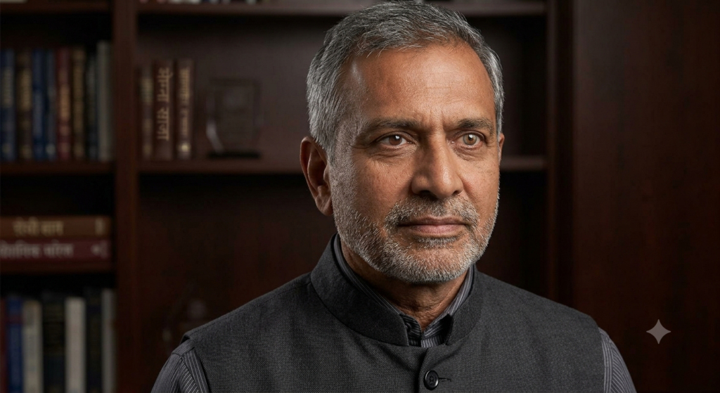A close-up portrait of a dignified elder Indian man with a salt-and-pepper beard, wearing a charcoal grey Nehru jacket over a striped shirt. He has light brown eyes and a serious, confident expression, looking off to the side. The background is a dark wood bookshelf with books and an award.