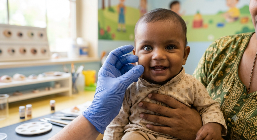A close-up photograph of a happy Indian baby with heterochromia (one brown eye, one grey-blue eye) being examined by a gloved hand. The baby is held by a woman in a green saree. The background is a bright ocularist workshop with artificial eyes and paint palettes.