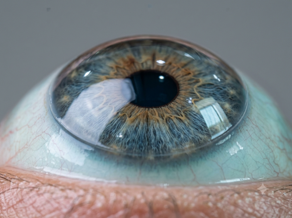 Extreme close-up macro photograph showing a transparent specialty contact lens resting over the iris and cornea of a human eye with detailed fine blood vessels and reflections.